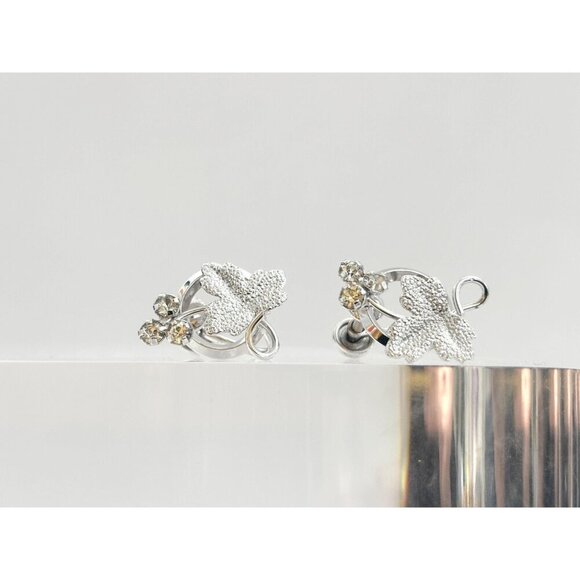 Maple Leaf Screw Back Sterling Silver Rhinestone Vintage Foliage Stud Earrings - Picture 4 of 9